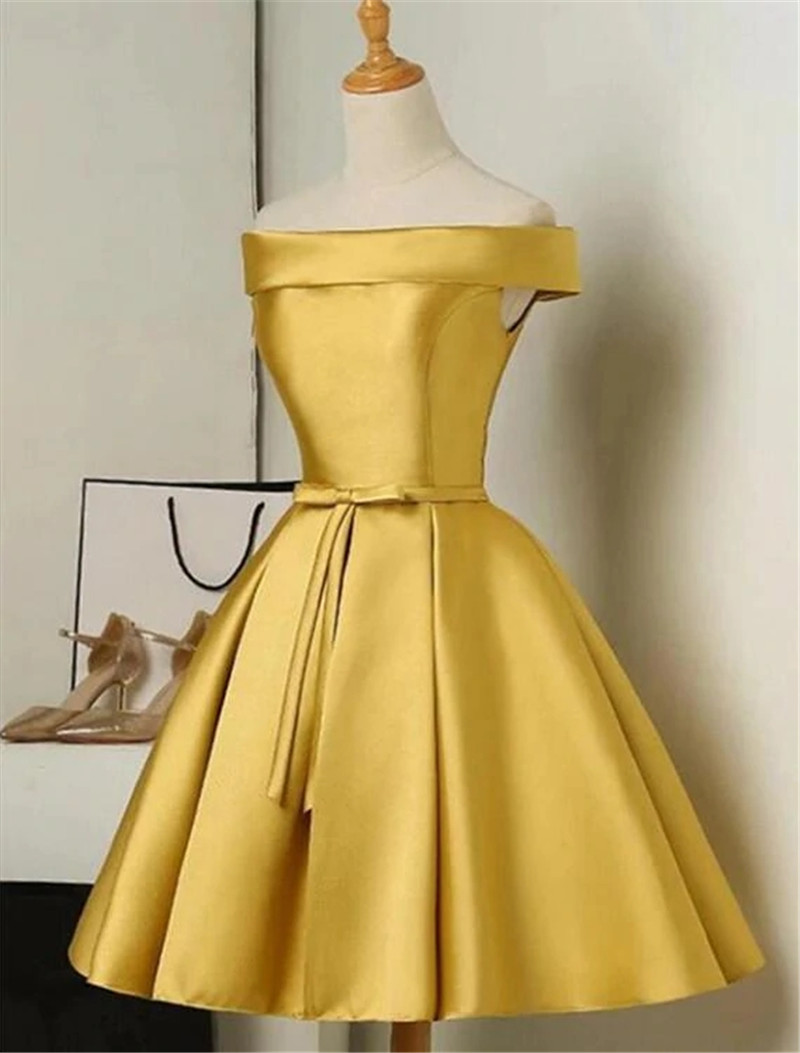 Cute Gold Satin Knee Length Homecoming Dress A-line Evening Short Prom Dress F72