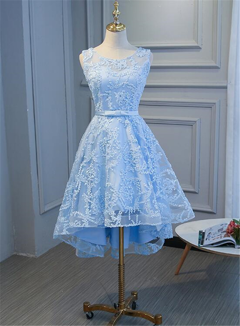 Hand Made Blue High Low Fashionable Homecoming Dress Lace Cute Prom Dress F74