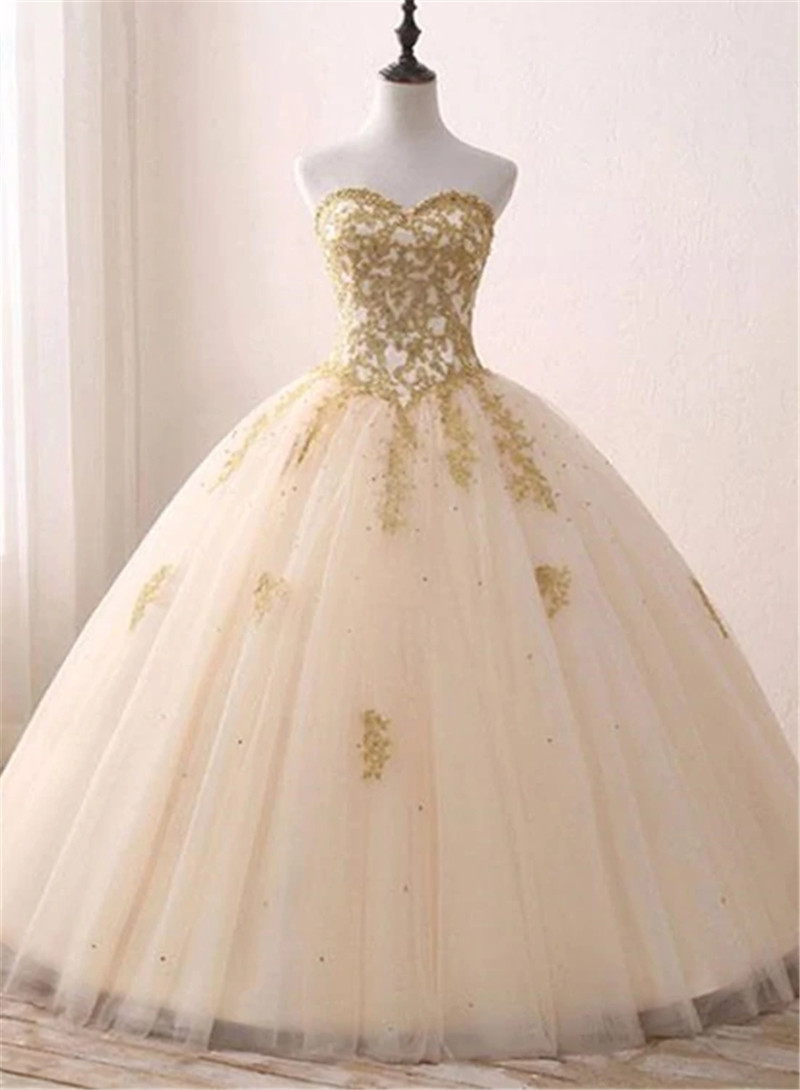 Hand Made Custom Light Champagne Ball Gown Party Dress Evening Dress With Gold Applique F76