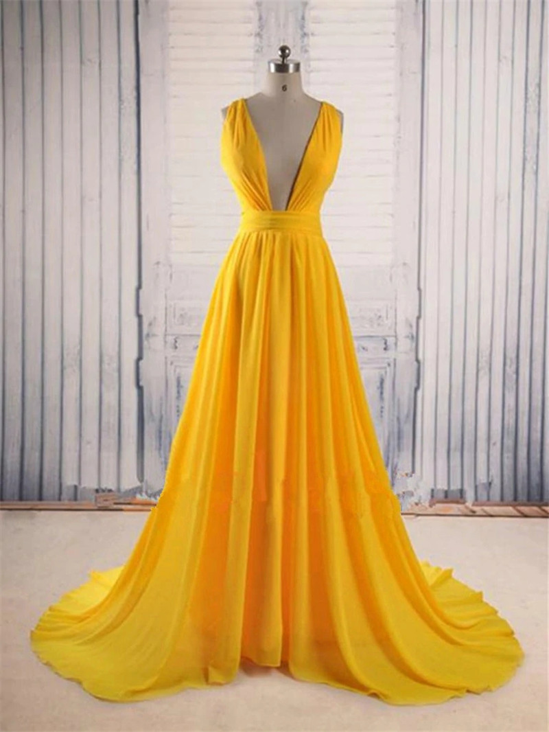 Sexy V Neck Yellow Prom Dress With Sweep Train Evening Formal Dress Party Dress F77