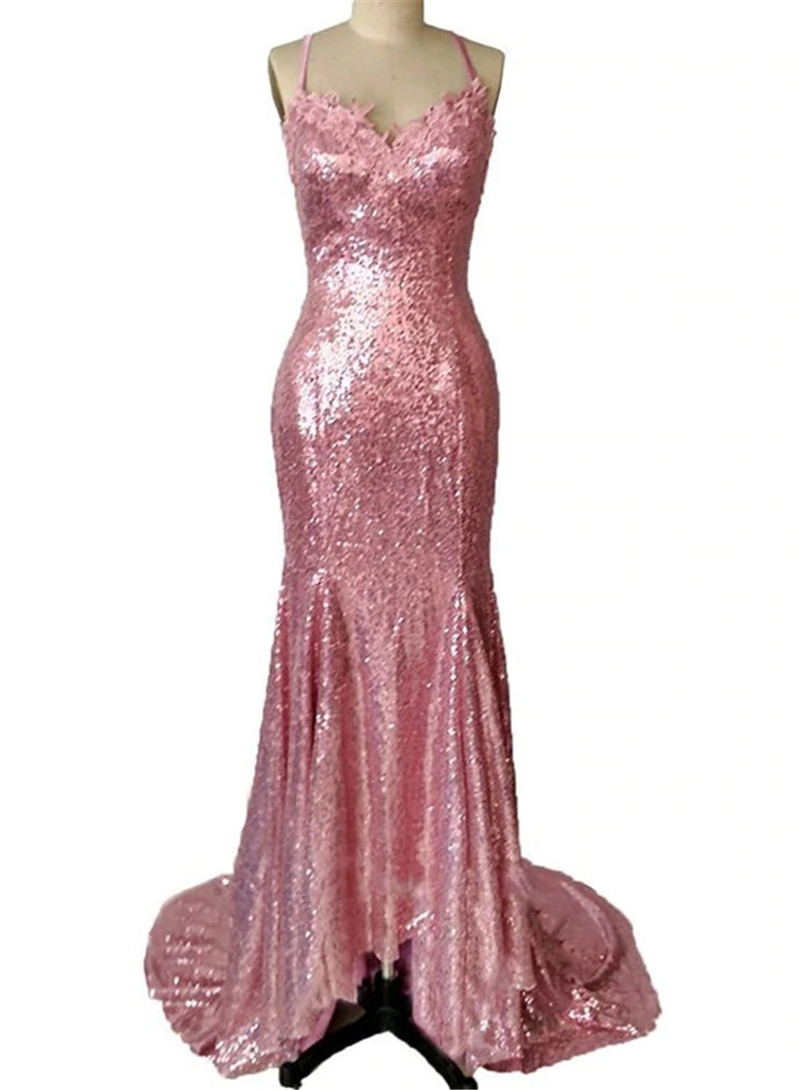 Pink Sequins Mermaid Long Party Dress Evening Sexy Cross Back Long Formal Dress F78