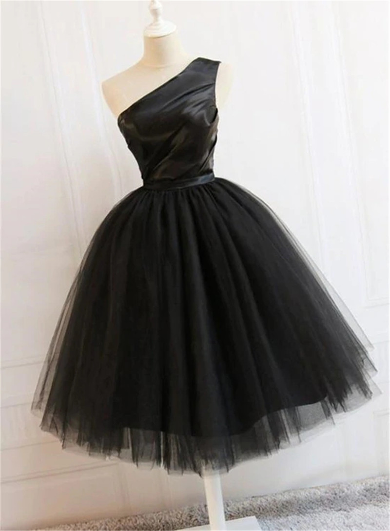 Black Tulle One Shoulder Elegant Tea Length Party Dress Evening Black Formal Dress F81
