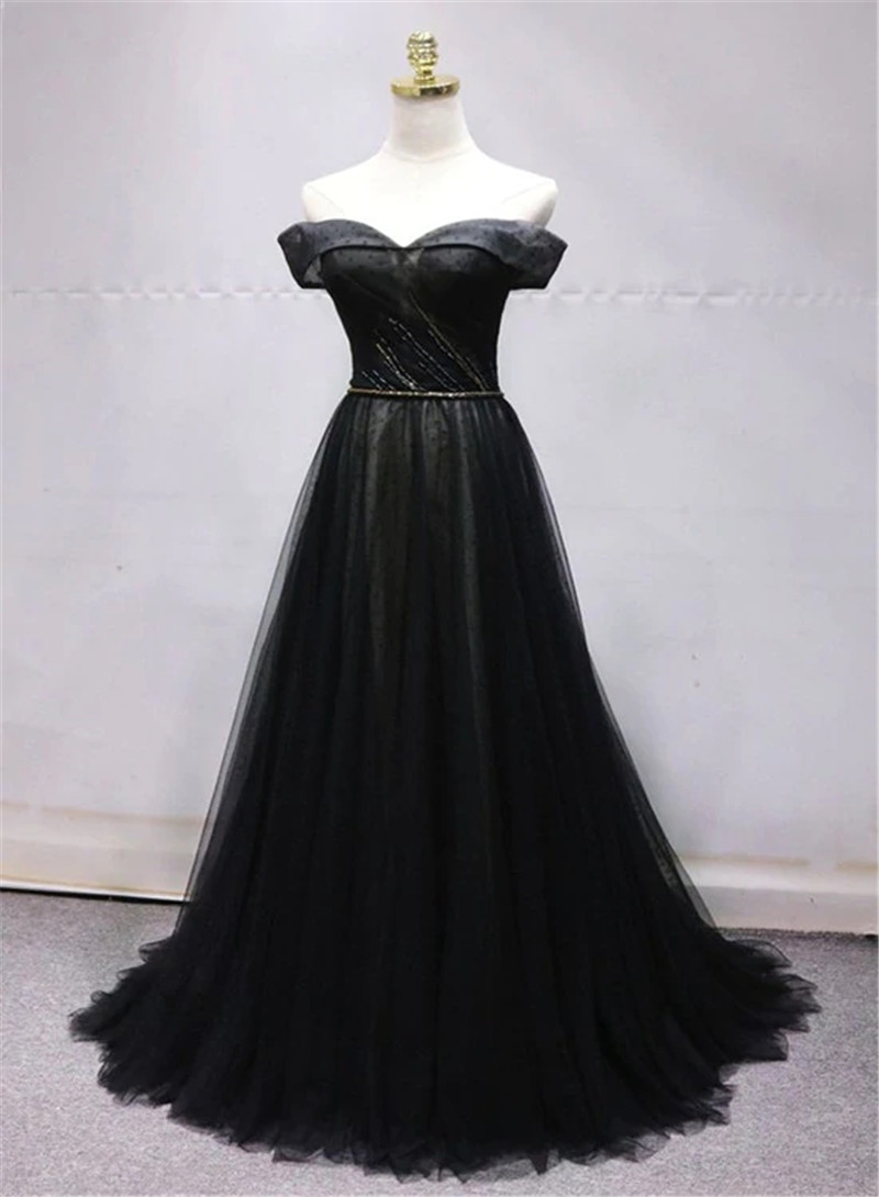 Elegant Black Off Shoulder Tulle Gown Evening Dress Long Formal Dress F84