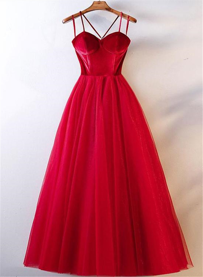 Hand Made Custom Velvet Straps And Tulle Long Formal Dress Evening Red Party Gown F90