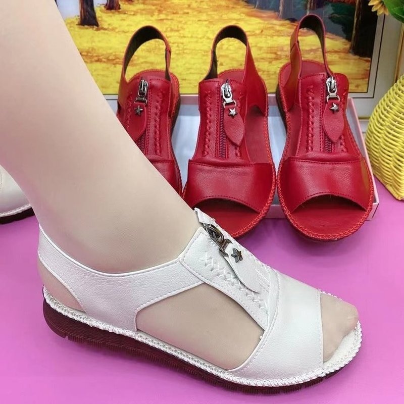 Summer Shoes for Women Sandals Pu Leather Comfort Mother Shoes Zipper Flat Solid Color Plus Size Fashion Sandalias De Mujer FS02