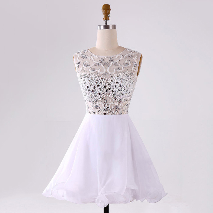 Cute Illusion Beaded White Chiffon Tulle Homecoming Dresses Short See-through Prom Dresses With Sparkle Beads Ss21