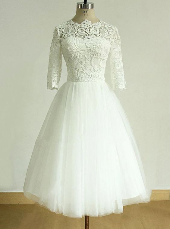 White Short Sleeve Wedding Dress Hand Made Custom Lace Evening Dress Round Collar Prom Dress Ss27