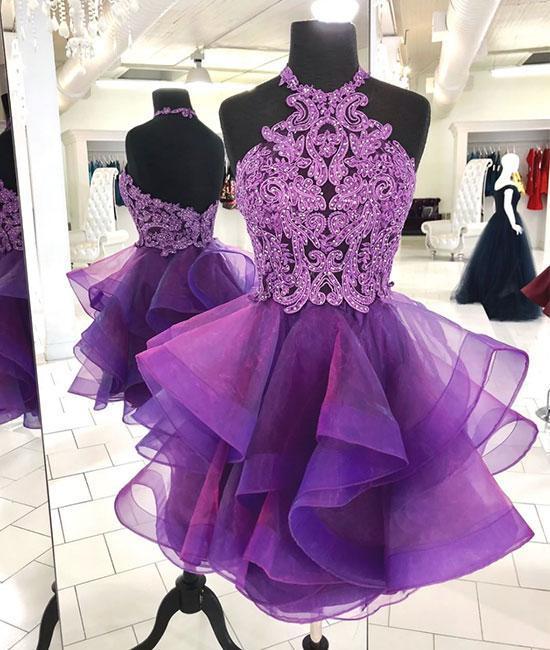 Cute Purple Tulle Lace Short Hand Made Prom Dress Purple Homecoming Dress Ss32