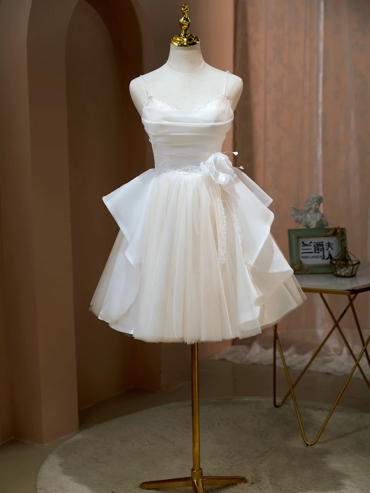 Short Light Champagne Tulle Prom Dresses, Short Light Champagne Formal Homecoming Dresses
