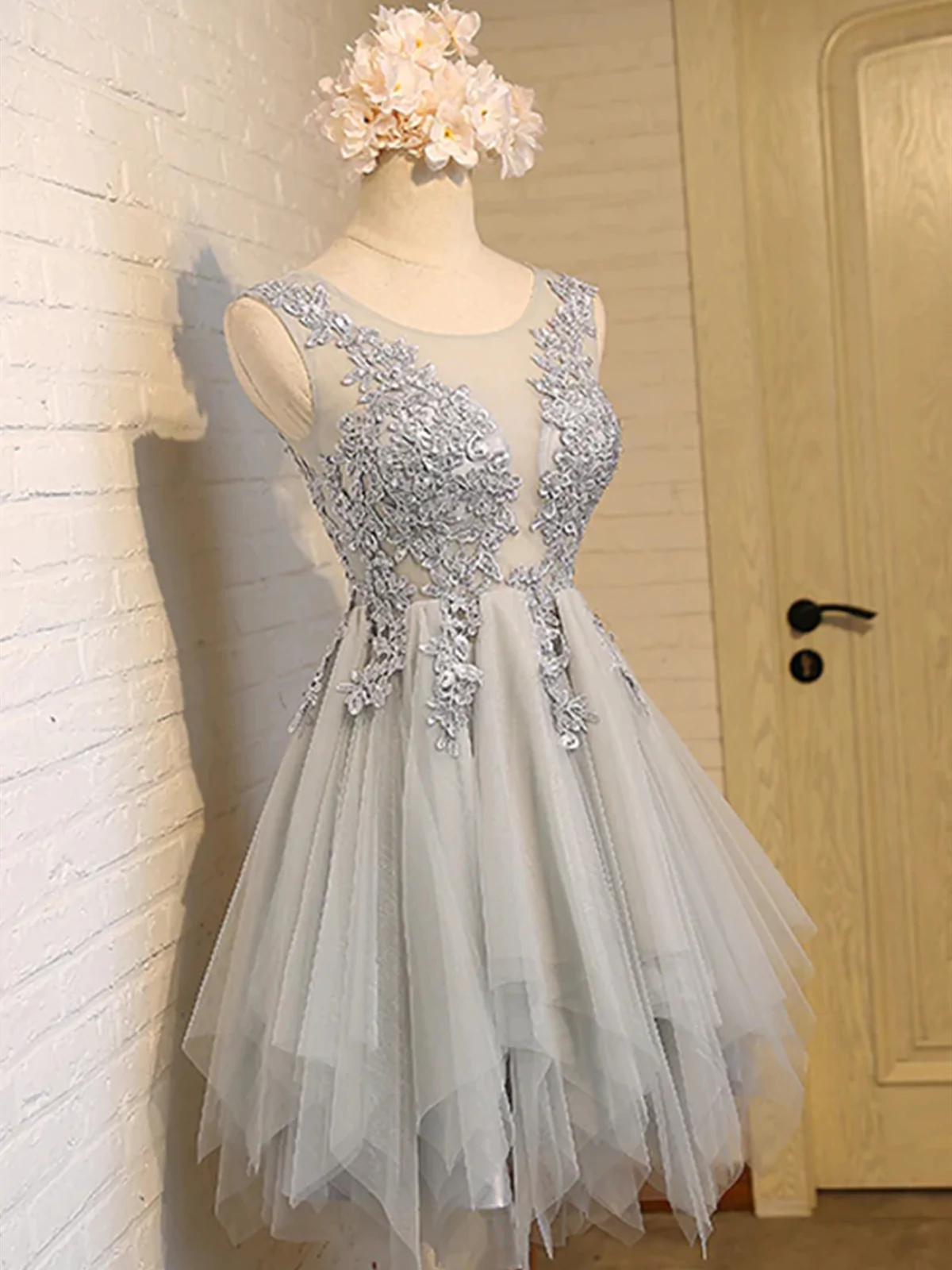 Round Neck Short Gray Evening Prom Dresses Lace Homecoming Dresses Ss41