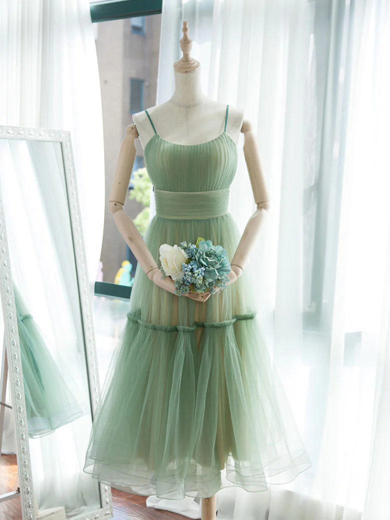 Simple A-line Strap Green Short Prom Dress Tulle Green Homecoming Prom Brithday Dress Ss46