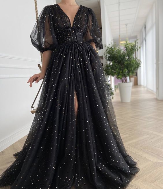 Fashion Black V Neck Long Prom Dress, Shiny Evening Dress Ss107