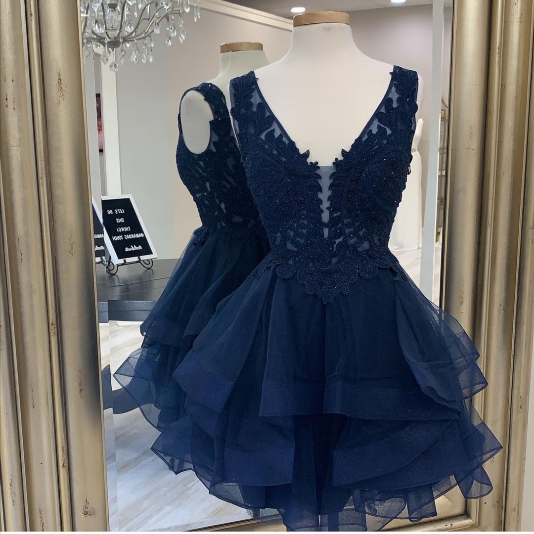 Square Neck Long Sleeve Tulle Short Dress Dark Navy main image 1