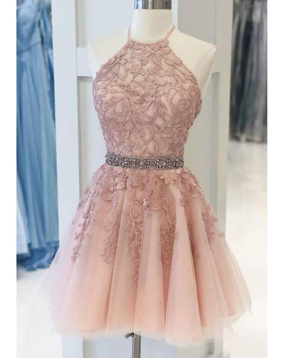 Lace Blush Pink Homecoming Dress Beading Sash Evening Dress Formal Cocktail Dress Ss157