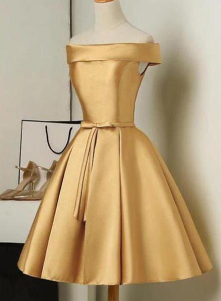 Golden Satin Knee Length Evening Dress Off Shoulder Prom Dress Ss174