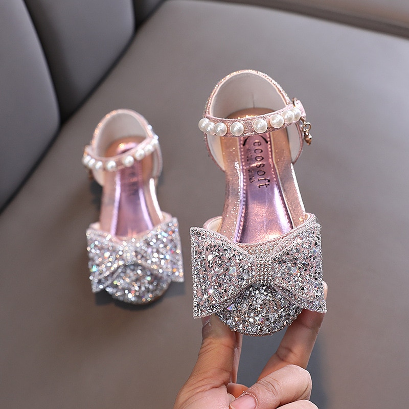 Children's Sequins Sandals Girls Sweet Bow Rhinestone Princess Shoes Fashion Non-slip Flat Kids Soft Bottom Sandals Sl001