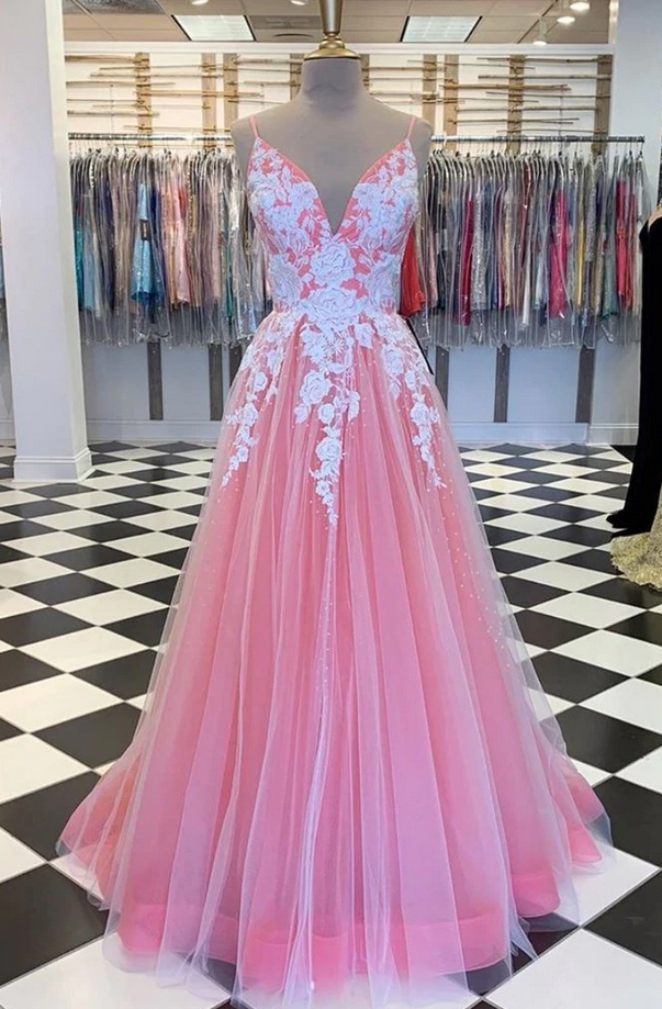 A Line V Neck Long Prom Dress with Lace Appliques Formal Dress Evening Dress SS217