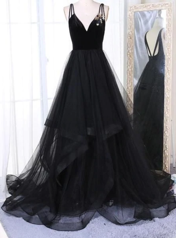 Hand Made Prom Dress V-neck Spaghetti Black Strap Backless Tulle Long Evening Dress Ss221