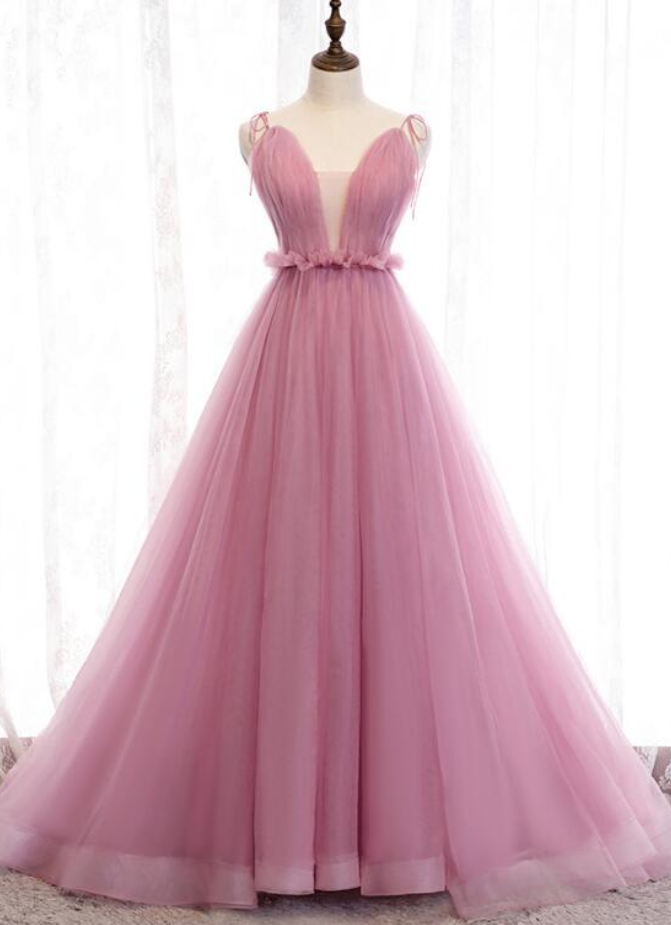Pink V-neckline Straps Hand Made Tulle Long Evening Party Dress Prom Dress Ss232