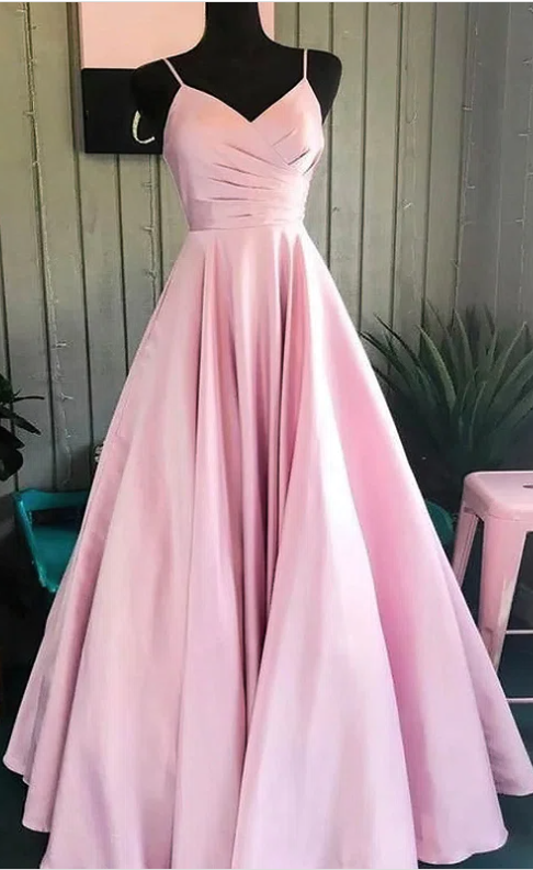 A-line V-neck Pink Satin Ruffles Prom Evening Dresses Ss240