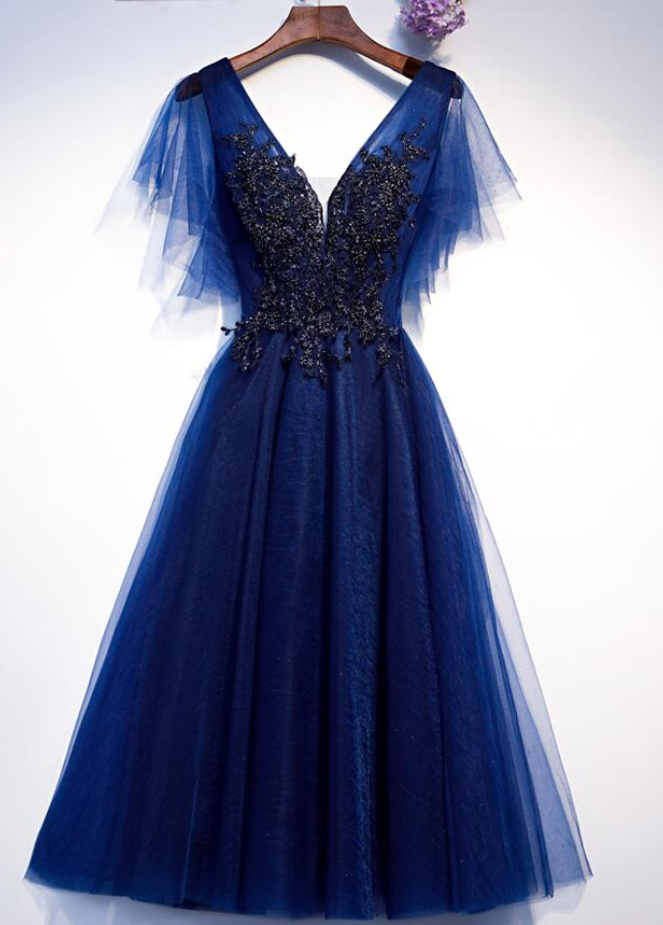Blue Party Dress With Lace Applique Evening Formal Dress Prom Dresses Ss242