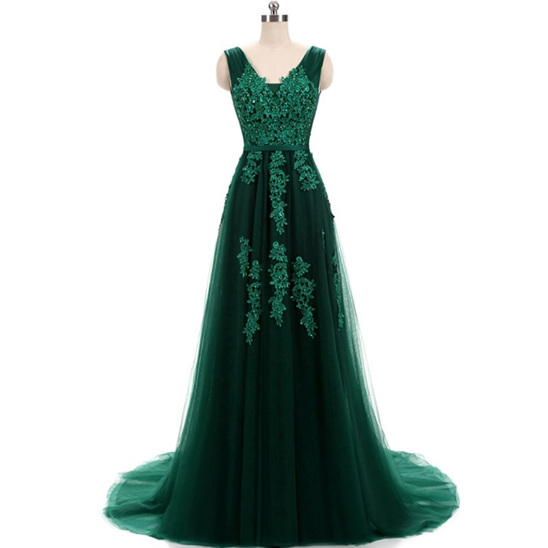 Emerald Green Lace Evening Gown with Train