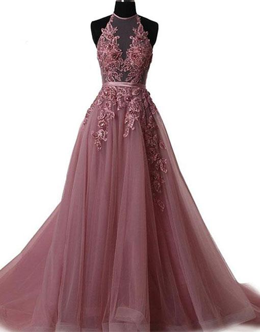 Long Prom Dresses Halter Hand Made A Line Lace Evening Formal Dresses Ss259