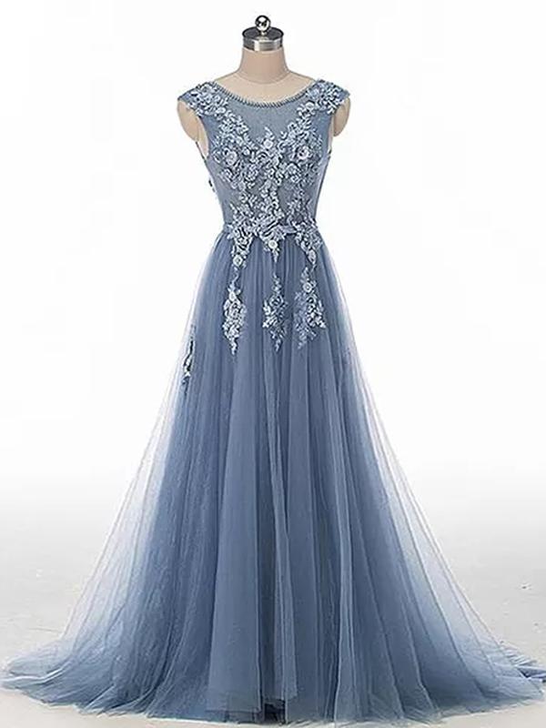 A Line Scoop Blue Lace Aplique Floor Length Sleeveless Tulle Prom Dress Evening Dress Ss261