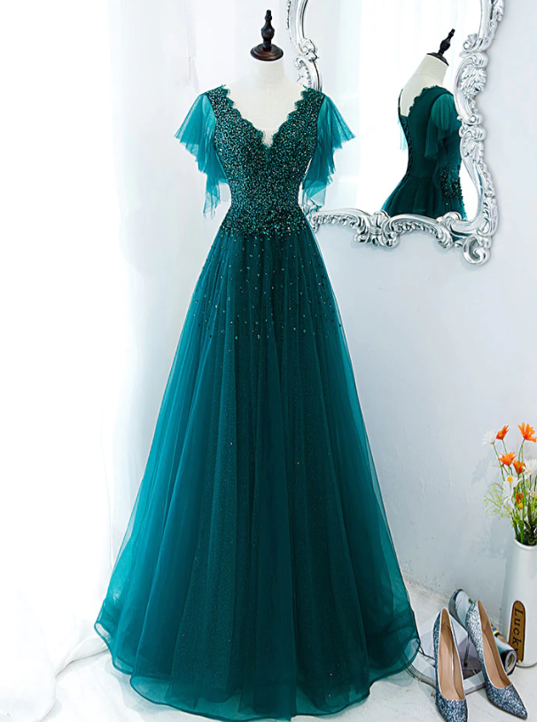 Green V Neck Tulle Sequin Beads Long Prom Dress Hand Made Evening Dress Ss267