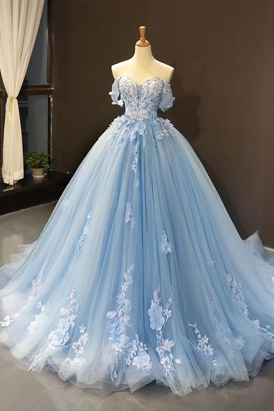 blue fairy wedding dress Fairy Dusty Blue Tulle Floral Lace Boho Prom Dress main image 1