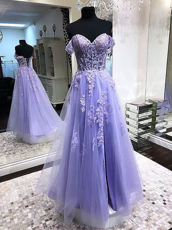 Custom Off Shoulder Lavender Lace Long Prom Dresses Evening Formal Dresses Ss356