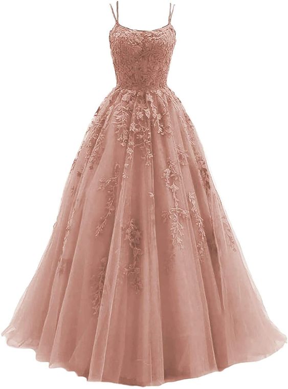 Spaghetti Strap Prom Dresses Tulle Ball Gown Long Lace Appliques ...