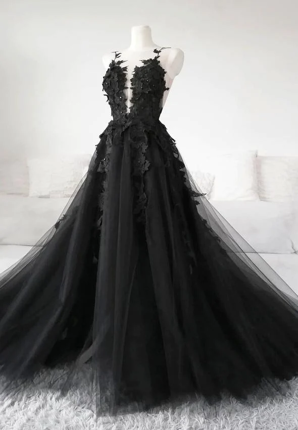 Hand Made Black Lace Tulle Long Prom Dress Black Evening Dress Ss366