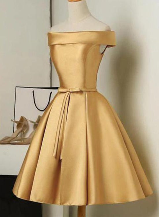 Golden Satin Knee Length Off Shoulder Prom Evening Dress Short Homecoming Dress Ss371