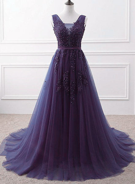 Lovely Purple Handmade Evening Dress Tulle V-neckline Long Party Dress A-line Bridesmaid Dress Ss378