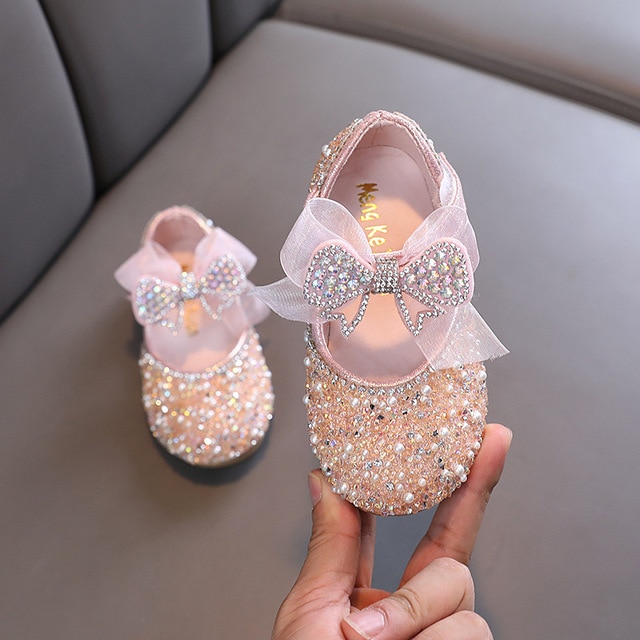Children's Sequined Leather Shoes Girls Princess Rhinestone Bowknot Single Shoes 2022 Fashion Baby Kids Wedding Shoes Lm01