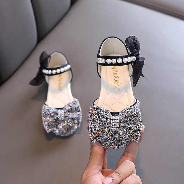 Summer Girls Sequin Bow Fashion Sandals Children's Glitter Pearl Flat Princess Shoes Cute Kids Breathable Beach Sandals Lm07