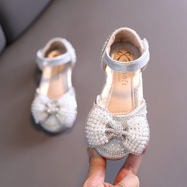 Girls Shoes Children Rhinestone Butterfly Pearls Girls Princess Shoes Wedding Party Dance Kids Single Shoes Lm08