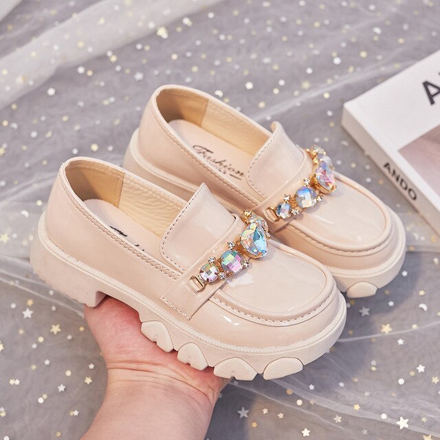 Autumn Kids Leather Shoes Girls Crystal Wedding Shoes Single Shoes Children Low-heeled Princess Shoes Black Beige Lm09