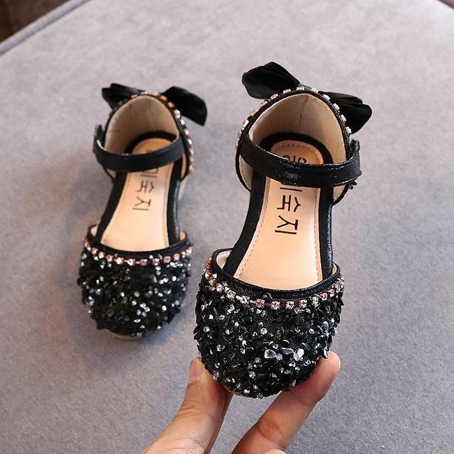 Crystal Bow Single Shoes Summer Girls Fashion Princess Soft Shoes Children Pu Leather Flat Baby Rhinestone Sandals Lm014