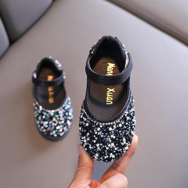 Girls Rhinestone Leather Shoes Spring Pearl Bow Princess Shoes Soft Children Baby Toddler Single Shoes Lm17