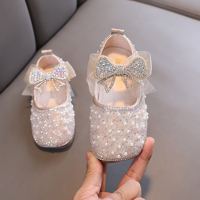 Girls Lace Bow Leather Shoes Spring Children's Sequined Single Shoes Fashion Kids Rhinestone Princess Shoes Lm21