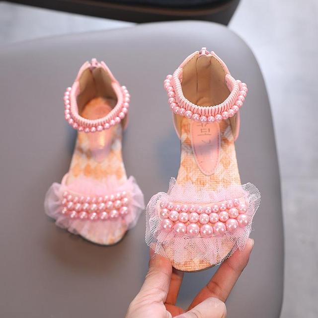 Summer Children's Fashion Sandals Girls Rhinestone Princess Shoes Kids Lace Pearl Flower Beach Sandals Size 21-36 Lm23