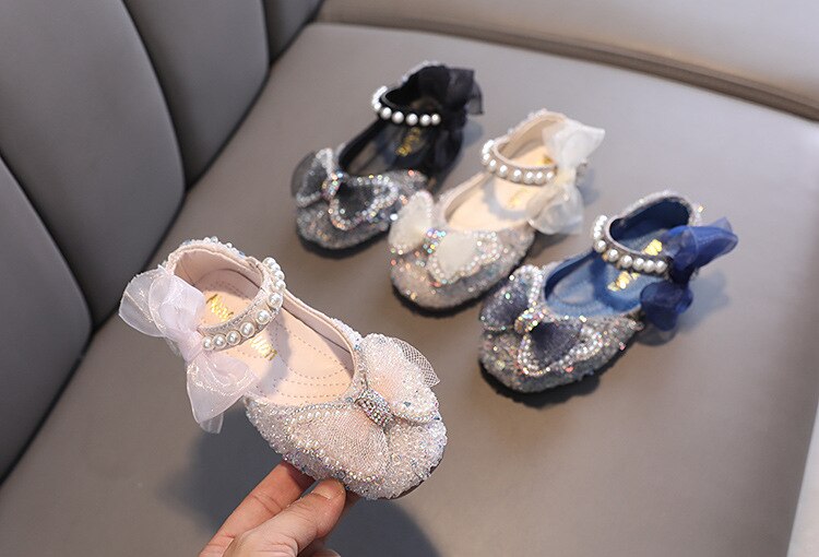 Girls Sequins Bow Leather Shoes Spring Children's Rhinestone Pearl Princess Shoes Toddler Student Kids Dance Flat Shoes Lm25