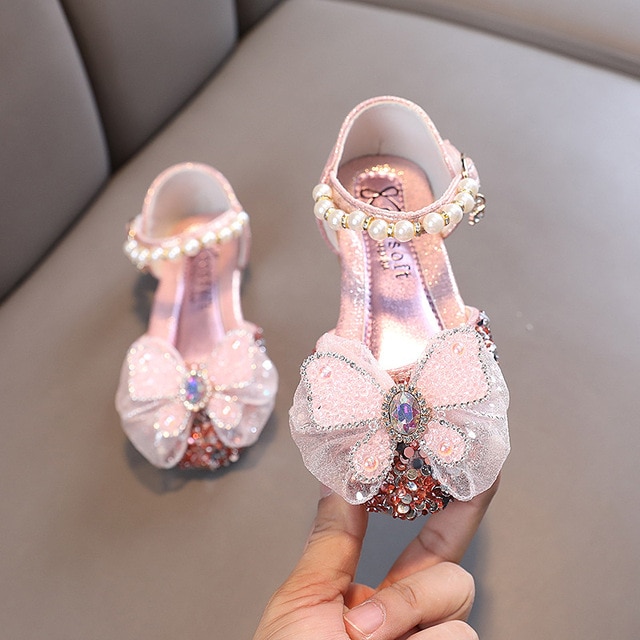 Girl Princess Sandals Spring Summer Children Sequins Bow Leather Sandals Fashion Baby Kids Pearl Flat Non-slip Sandals Lm28