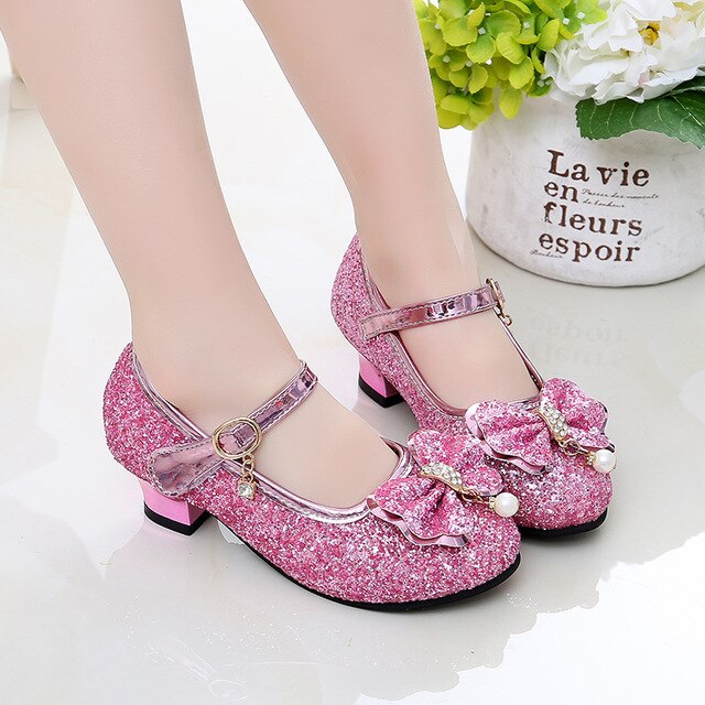 Girls High Heel Leather Shoes Children Glitter Bowtie Dance Shoes Student Crystal Pink Silver Sandals Single Shoes Lm29