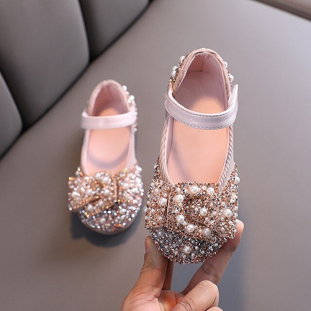 Children Casual Shoes Girls Princess Flat Heel Party Shoes Sequins Bow Pearl Crystal Bling Baby Performance Shoes Lm31