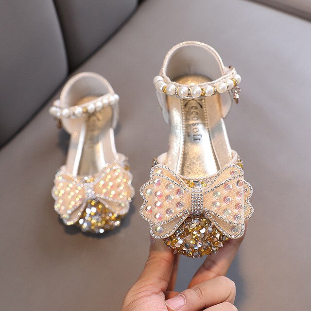 Baby Girls Sequins Princess Sandals Summer Children's Student Dance Leather Shoes Fashion Kids Rhinestone Bow Sandals Lm39