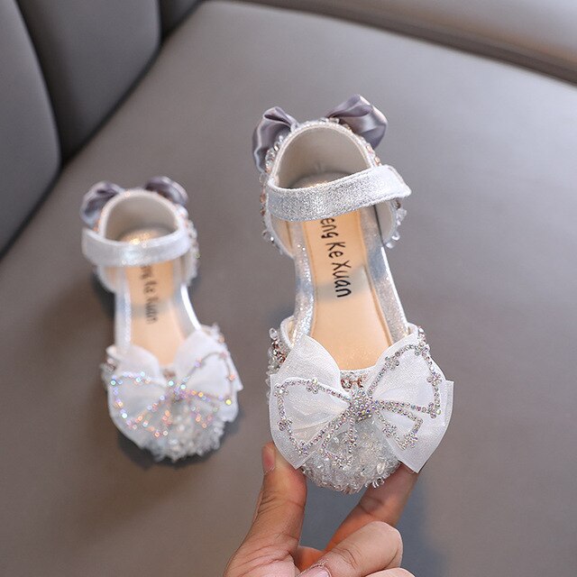 Children's Cute Bow Sandals Baby Girls Rhinestone Flats Princess Sandals Kids Glitter Soft Bottom Dance Shoes Size 21-36 LM41