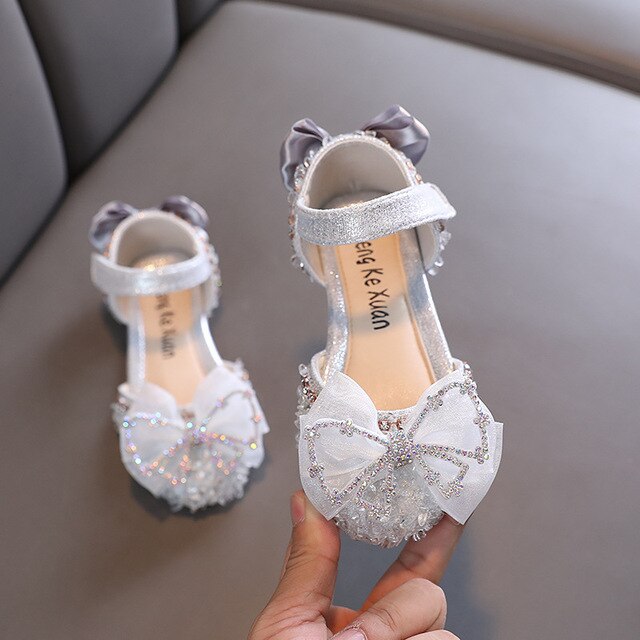 Children's Cute Bow Sandals Baby Girls Rhinestone Flats Princess Sandals Kids Glitter Soft Bottom Dance Shoes Size 21-36 Lm41